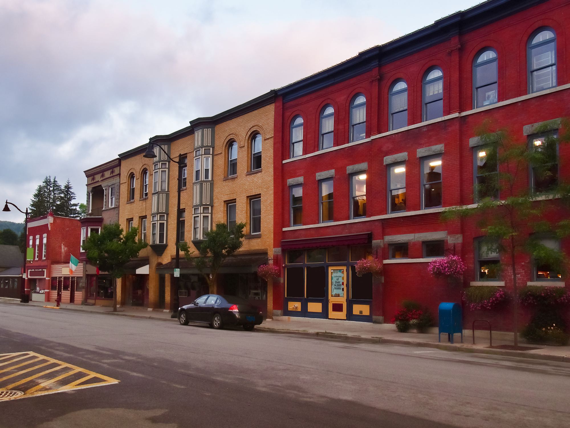 Brick commercial buildings along a small town street